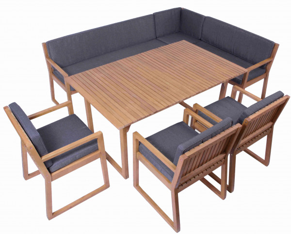 Gartenmöbel Set Holz 1 Tisch 1 Eckbank 3 Sessel Auflage DUNKELGRAU