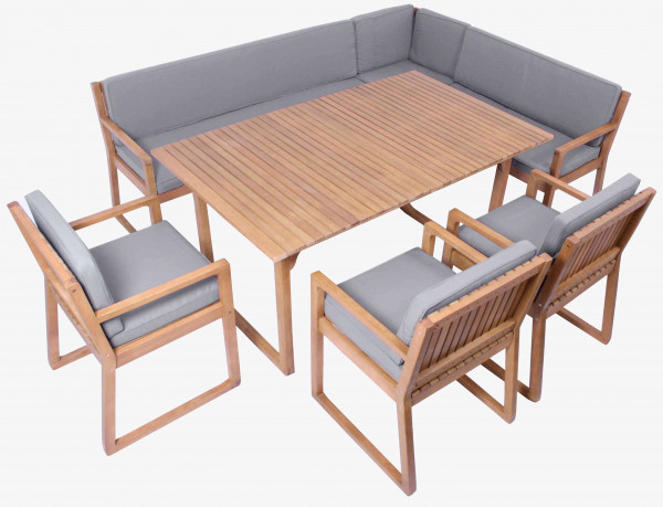 Gartenmöbel Set Holz 1 Tisch 1 Eckbank 3 Sessel Auflage HELLGRAU